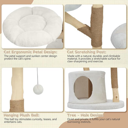 Modern Cat Tree Tower, Solid Wood Multi-Level w/ 2 Flower Perches, Scratching Post, Hanging Ball - Luxury Boho Cat Furniture w/Condo &amp; Wicker Basket for Indoor Cats