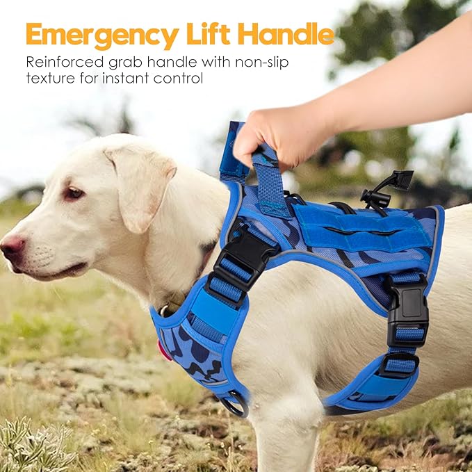 Heavy-Duty Tactical Dog Harness for Large Dogs, No Pull Adjustable Reflective Pet Vest with Molle System, K9 Military-Grade Control for Service Training, Outdoor &amp; 10+ Breeds, Blue Camo, Medium