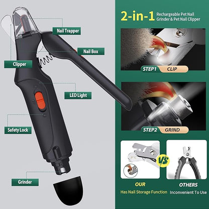 2-in-1 Dog Nail Clippers &amp; Cat Nail Clippers Trimmers for Large Medium Small Dogs Cats Claw Trimmer Quick Sensor and Safety Guard USB Rechargeable with 2 LED Lights Dogs Nail Trimmer