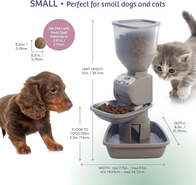 Automatic Dog &amp; Cat Food Feeder with Water Dispenser – Smart Pet Feeder with Portion Control, OLED Display, Anti Jam Design, Battery Operated Dispenser for Small Pets - Taupe