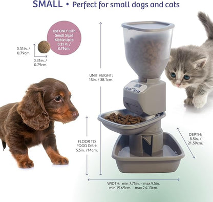 Automatic Dog &amp; Cat Food Feeder with Water Dispenser – Smart Pet Feeder with Portion Control, OLED Display, Anti Jam Design, Battery Operated Dispenser for Small Pets - Taupe