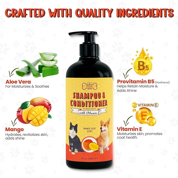 POM Pets 2-in-1 Organic Dog Shampoo &amp; Conditioner – Itchy Skin Relief, Dog Deshedding, Detangles Fur, Cat Shampoo, Paw Cleaner for Dogs, Natural Coat Defense Formula
