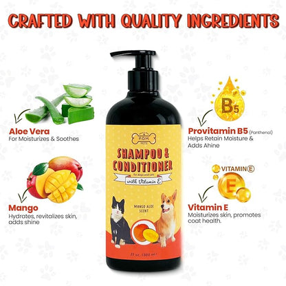 POM Pets 2-in-1 Organic Dog Shampoo &amp; Conditioner – Itchy Skin Relief, Dog Deshedding, Detangles Fur, Cat Shampoo, Paw Cleaner for Dogs, Natural Coat Defense Formula