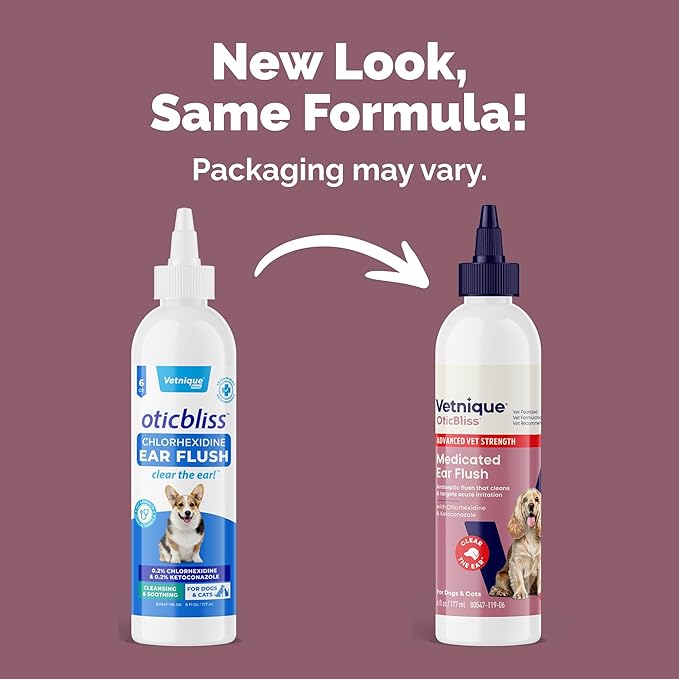 Vetnique Oticbliss Advanced Strength Medicated Dog Ear Infection Treatment, Antiseptic Ear Cleaner for Cat &amp; Dog Ear Cleaning Solution Chlorhexidine &amp; Ketoconazole (6oz Flush)