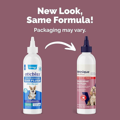 Vetnique Oticbliss Advanced Strength Medicated Dog Ear Infection Treatment, Antiseptic Ear Cleaner for Cat &amp; Dog Ear Cleaning Solution Chlorhexidine &amp; Ketoconazole (6oz Flush)