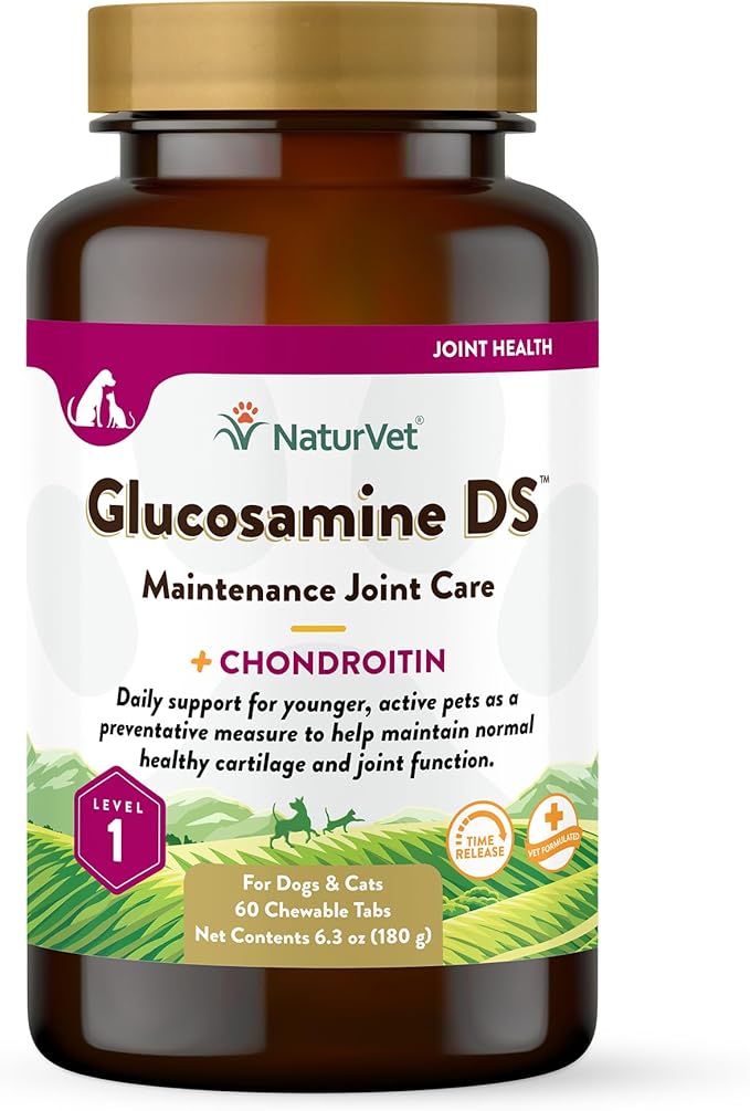NaturVet Glucosamine DS Level 1 Maintenance Care Hip &amp; Joint Support Pet Supplement for Dogs &amp; Cats –Glucosamine, Chondroitin, Antioxidants –Supports Cartilage, Joint Function – 60 Ct.