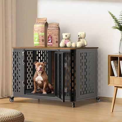 Dog Crate with Cushion, 38" Wood Heavy Duty Dog Crate Furniture with Flip Top &amp; Wheels for High Anxiety Dogs, Escape Proof Pet Cage for Small/Medium Dogs