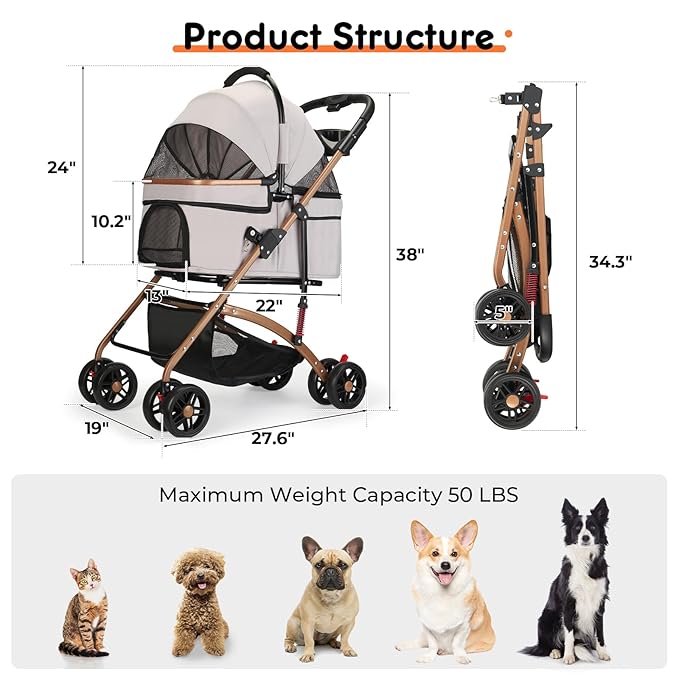 3-in-1 Foldable Pet Stroller for Medium Dogs &amp; Cats (50lbs) - Detachable Carrier, Car Seat, Storage Basket, 5" Lockable Wheels