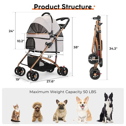 3-in-1 Foldable Pet Stroller for Medium Dogs &amp; Cats (50lbs) - Detachable Carrier, Car Seat, Storage Basket, 5" Lockable Wheels