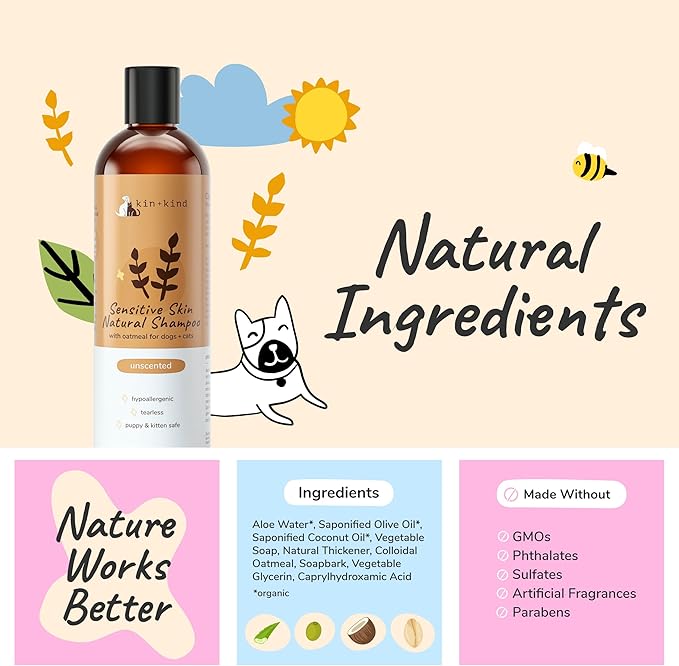 Oatmeal Shampoo for Dogs and Cats by kin+kind - Cat &amp; Dog Shampoo for Sensitive Skin with Colloidal Oatmeal - Safe, Natural Formula with Olive Oil and Coconut Oil (12 fl oz) - Made in USA
