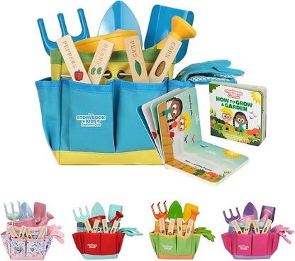 Blue Kids Gardening Tools - Includes Sturdy Tote Bag, Watering Can, Gloves, Shovels, Rake, and Delightful Children&