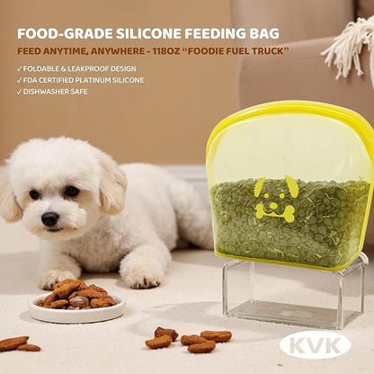 KVK Extra Extra Large Silicone Dog Food Mat 39.4×43.3in and 128oz Silicone Bag Set, Super Size Waterproof Pet Feeding Mat &amp; Container, Non-Slip, Chew-Resistant Floor Protection (Beige&amp;Yellow)