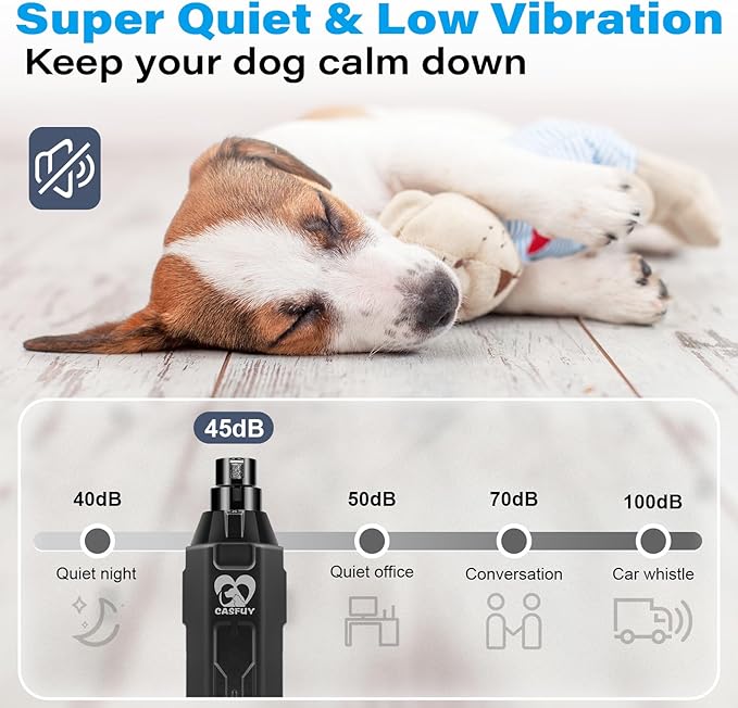 Casfuy 6-Speed Dog Nail Grinder - Newest Enhanced Pet Nail Grinder Super Quiet Electric Dog Nail Trimmer Rechargeable Painless Paws Grooming &amp; Smoothing Tool for Large Medium Small Dogs (Grey)