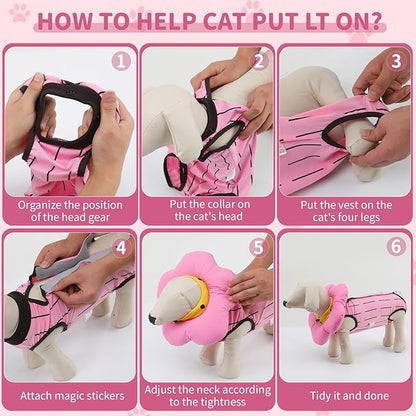 EMUST 2-in-1 Cat Recovery Suit &amp; Cone Collar - Cute Surgical Suit for Abdominal Wounds, Adjustable Soft Flower Collar - Cat Onesie After Surgery, 4-8lb (Pink, M)