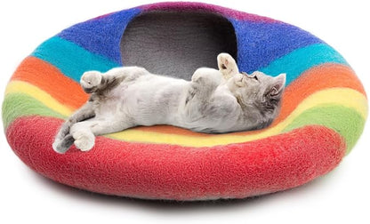 Woolygon Premium Felt Cat Cave Bed – Wool Kitty Beds Handcrafted Kitten Caves Bed for Indoor Cats - Made from 100% Eco-Friendly Merino Wool, Foldable Cat Hidewawy Covered Cat House Pod (Rainbow Twist)