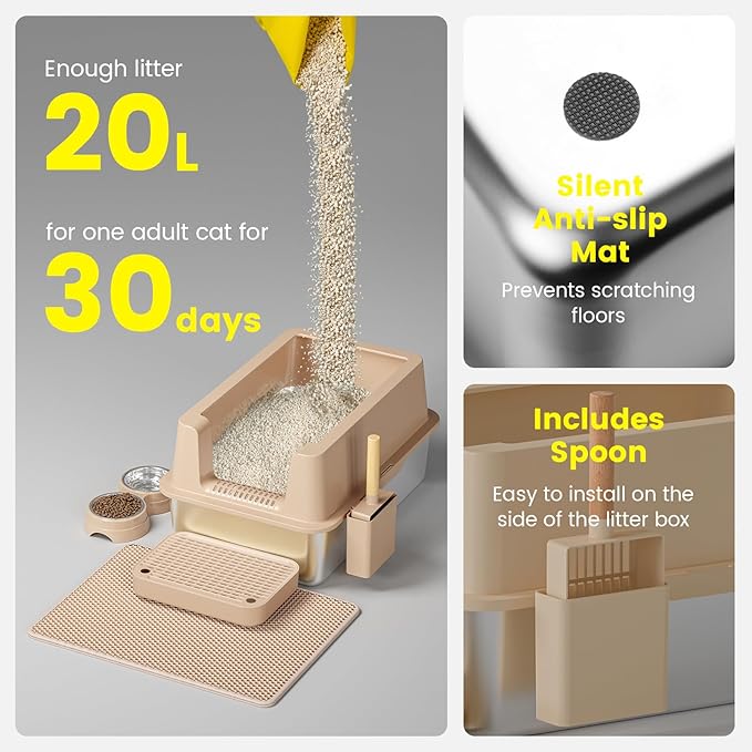 Stainless Steel Cat Litter Box - Enclosed XL Metal Kitty Litter Box with Lid for Big Cats, High Sided, Anti-Leakage, Easy Cleaning, Non-Sticky, Included Spoon &amp; Aisle (Khaki)