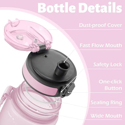 OLDLEY 25 oz Water Bottle, Motivational Water Bottle with Time Marker, Sports Water Bottle With Strap, Leakproof &amp; BPA Free Large Water Bottles for School, Gym, Travel, Outdoor, Tritan,Pink