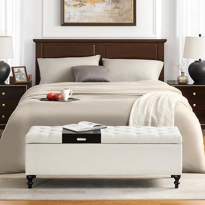 Ottoman with Storage,50.2-inch Upholstered End of Bed Storage Bench for Bedroom,for The Living Room,for Entryway, with Tray &amp; Button and Safety Hinges,Detachable (White)