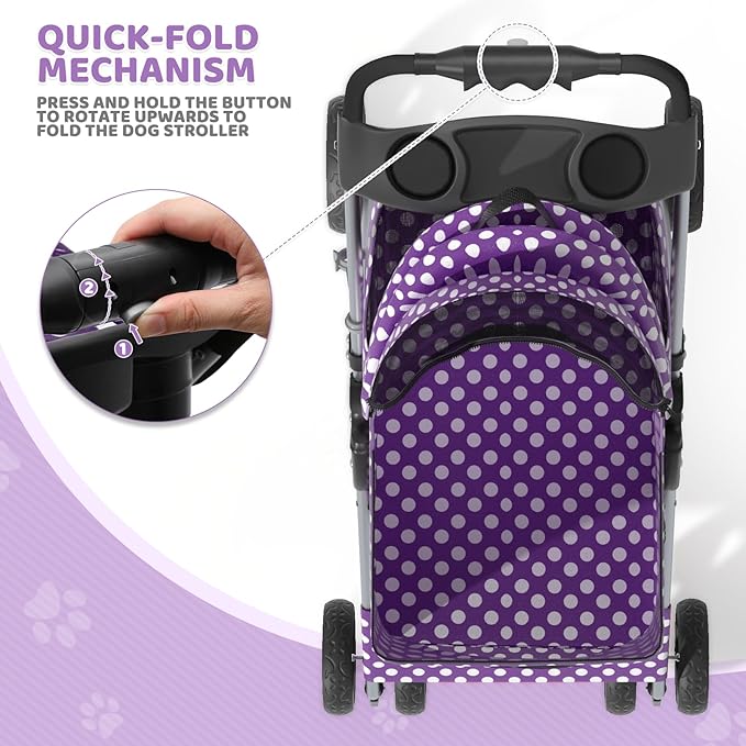 Magshion Foldable Pet Stroller, 3-in-1 Dog Travel Jogger with Detachable Carrier, Cup Holder, Storage Basket, Folding Carrier for Small/Medium Dogs &amp; Cats Up to 33 lbs, Purple Polka Dots