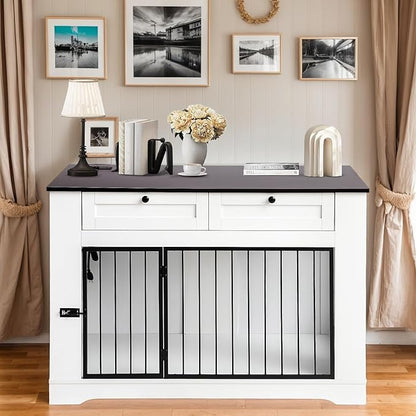 Large Dog Crate Furniture-Decorative Heavy Duty Dog Cage Indoor, Wooden Dog Cage End Table with Charging Station, Dog House with 2 Drawers (White, 47.2&