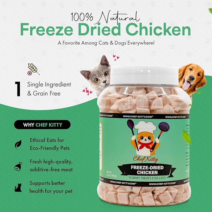 Freeze-Dried Chicken Treats for Cats &amp; Dogs – 100% Human Grade, Single Ingredient, High-Protein, Healthy Snack – No Additives or Preservatives – 3.5oz - Inspected &amp; Tested in USA