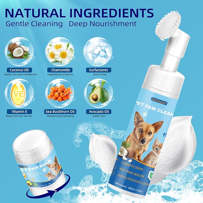 Dog Paw Care Kit,No-Rinse Paw Cleaner for Dogs &amp; Cats,Dog Paw Balm for Heals -Repairs Dry Cracked Paws &amp; Nose with 1 Pet Cleaning Towels,Natural Dog Paw Protector for Pet Foot Washer Care