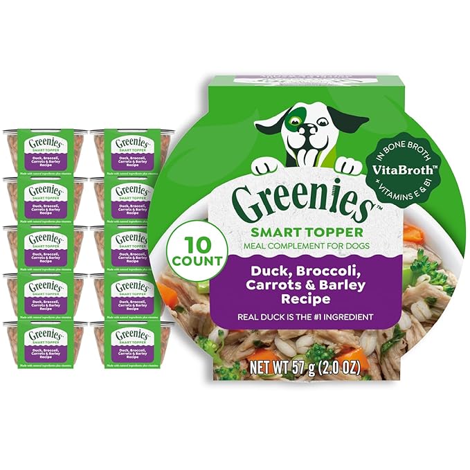 Greenies Smart Topper High Protein Wet Mix-in for Dogs, Duck, Broccoli, Carrots &amp; Barley Recipe in Vitabroth Broth - Bone Broth + Vitamins E &amp; B1, 10 Count