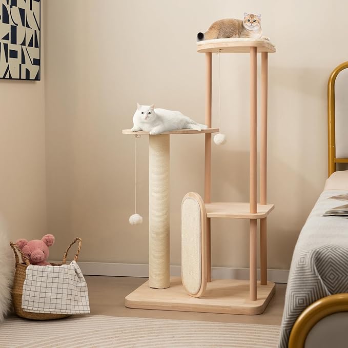 Tangkula Wood Cat Tree for Indoor Cats, Multi-Level Modern Cat Tower with Sisal Scratching Board &amp; Post, Padded Perch, Platform, Hanging Toy, Minimalist Kitten Activity Center for Small &amp; Medium Cats
