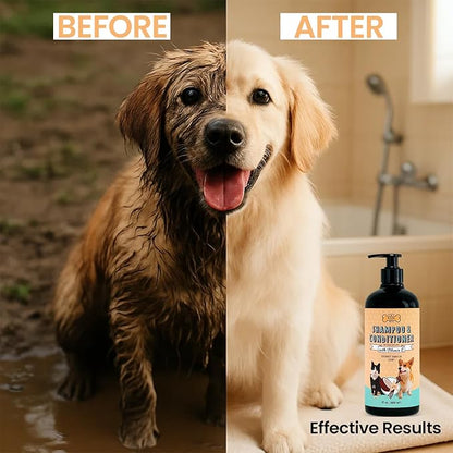 POM Pets 2-in-1 Organic Dog Shampoo &amp; Conditioner – Itchy Skin Relief, Dog Deshedding, Detangles Fur, Cat Shampoo, Paw Cleaner for Dogs, Natural Coat Defense Formula