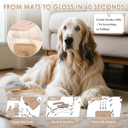 Large Slicker Brush for Dogs - 3PC Pet Grooming Kit - Undercoat Rake &amp; Stainless Comb | Long Pins Remove Mats on Poodles, Golden, Labradoodles | Thick Coat Deshedder for Dogs, Cats, Oak