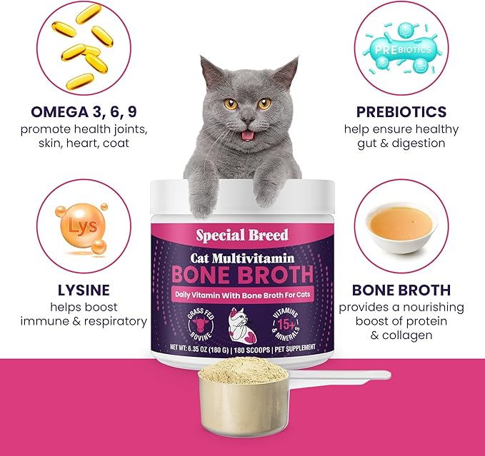Cat Multivitamin with Grass-Fed Beef Bone Broth – Daily Supplement for Immune, Joint, Skin, Coat &amp; Gut Health – Omega 3s, Lysine, Beta Glucan, Vitamins A-E, C, D – 180 Day Supply – No Fillers