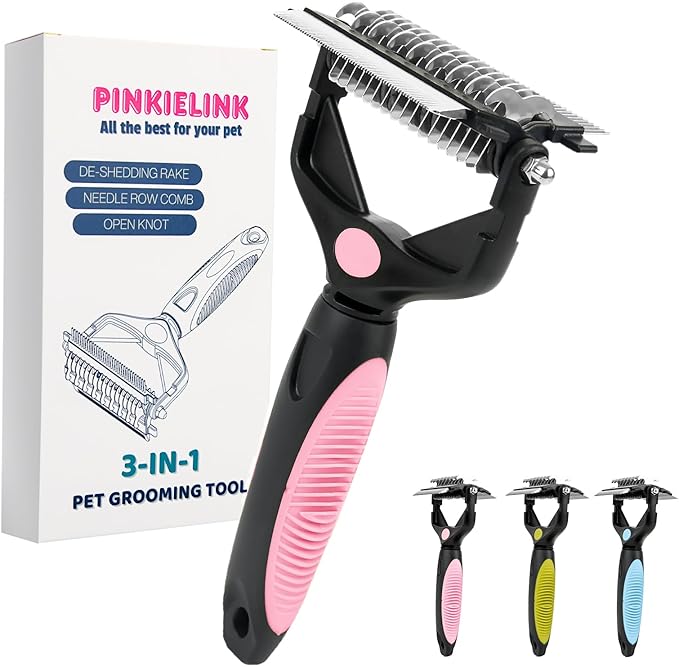 3-IN-1 Pet Grooming Tool - Undercoat Rake, Dematting Comb &amp; Deshedding Brush for Cats &amp; Dogs - Removes Mats, Tangles &amp; Loose Fur, Reduces Shedding &amp; Prevents Hair Mess (Pink)