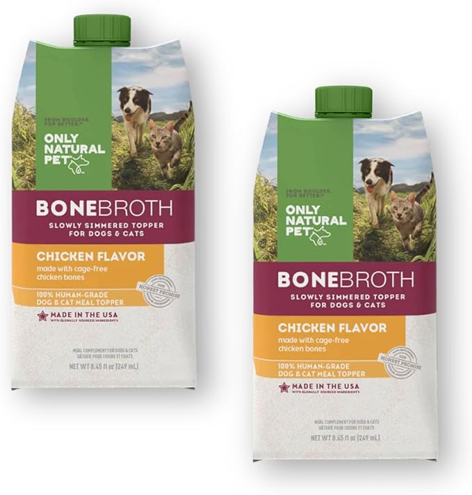 Only Natural Pet Bone Broth Chicken Flavor Dog &amp; Cat Meal Topper, 100% Human-Grade Slow-Simmered, Free-Range for Dry Food or to Hydrate Dehydrated Food - (2-Pack / 11.16 oz Each)