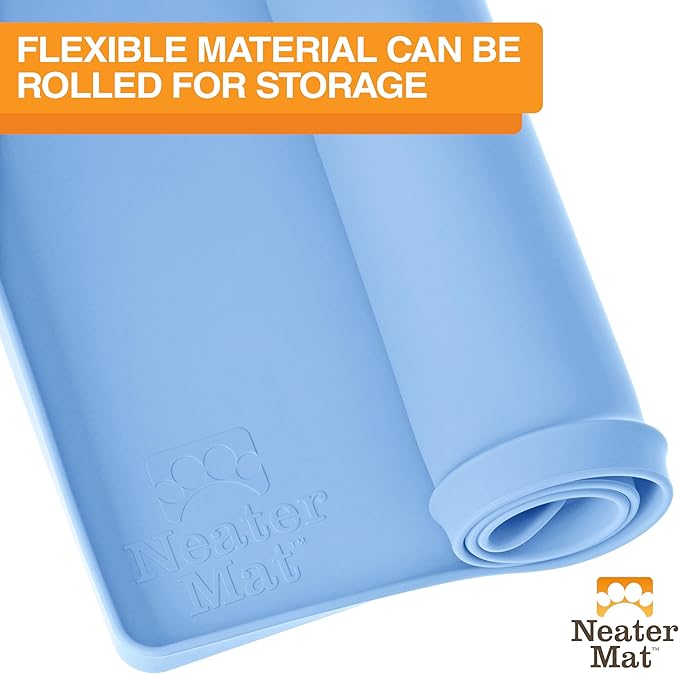 Neater Pet Brands Neater Mat Pet Mats for Food and Water, Cat &amp; Dog Bowl Mat Waterproof Silicone, Feeding Tray, Dog Food Mats for Floors, Placemat w/Raised Edge for Under Bowls, 16” x 10”, Light Blue