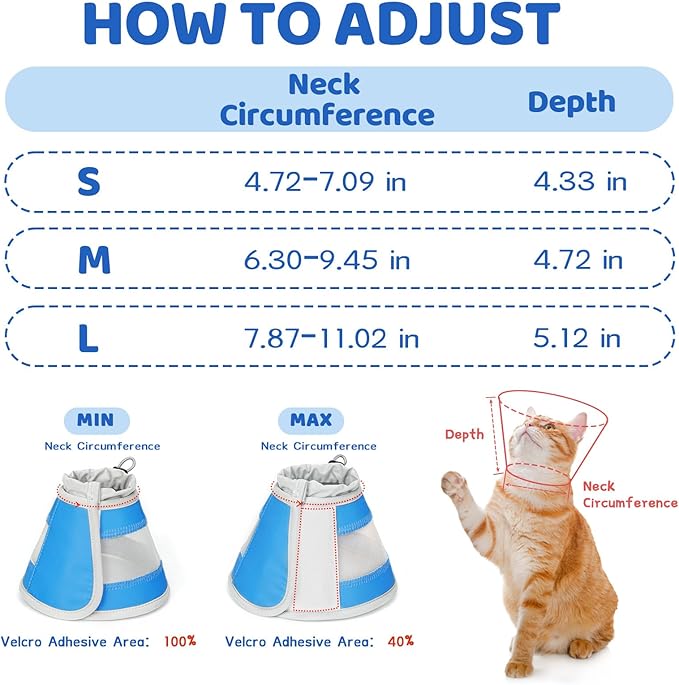Breathable Air Mesh Cat Cone Collar Soft to Stop Licking, Adjustable, Foldable Lightweight Kitten Cones After Surgery Recovery for Cats &amp; Kittens (Light Blue,L)