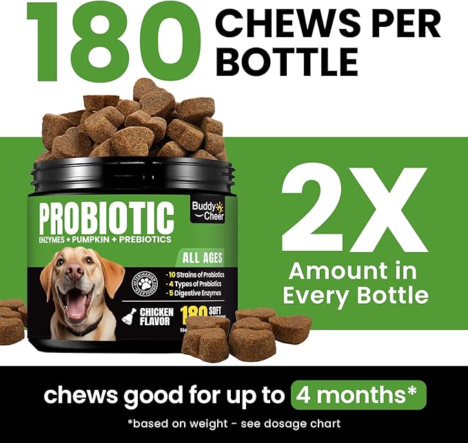 Probiotics for Dogs - Dog Probiotics with 5 Enzymes &amp; 4 Prebiotics for Itchy Skin, Pet Probiotics lab for Digestion &amp; Gut Support, Helps Diarrhea, Yeast Infection, Allergies &amp; Immune System -180 Chews
