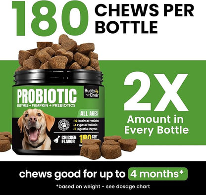Probiotics for Dogs - Dog Probiotics with 5 Enzymes &amp; 4 Prebiotics for Itchy Skin, Pet Probiotics lab for Digestion &amp; Gut Support, Helps Diarrhea, Yeast Infection, Allergies &amp; Immune System -180 Chews