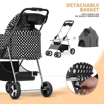 Magshion Foldable Pet Stroller, 3-in-1 Dog Travel Jogger with Detachable Carrier, Cup Holder, Storage Basket, Folding Carrier for Small/Medium Dogs &amp; Cats Up to 33 lbs, Black Polka Dots