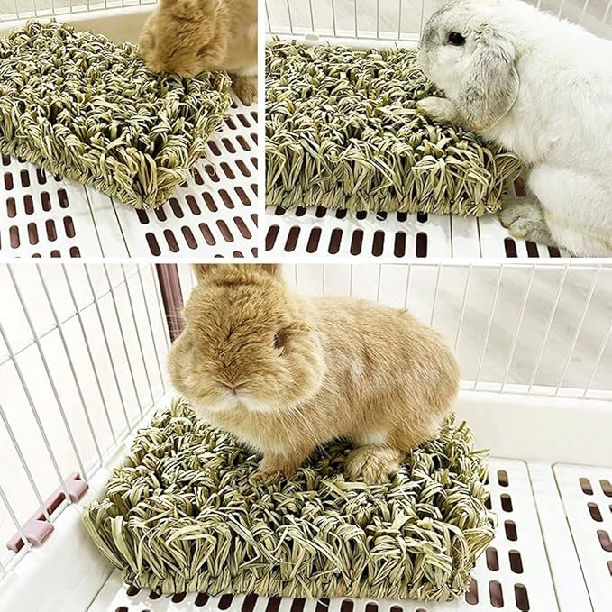 Hamiledyi Rabbit Grass Bed Bunny Natural Straw Woven Mat Guinea Pig Hay Mat Chew Mat for Rabbit Guinea Pig Chinchilla Squirrel Hedgehog(10.6x7.5x3.5inches)