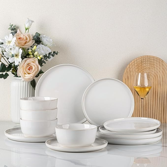 GBHOME Ceramic Dinnerware Sets for 4, 12 Pieces Stoneware Plates and Bowls Sets, Reactive Glaze Dishes -Scratch Resistant, Dishwasher&amp;Microwave Safe-Star White
