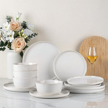 GBHOME Ceramic Dinnerware Sets for 4, 12 Pieces Stoneware Plates and Bowls Sets, Reactive Glaze Dishes -Scratch Resistant, Dishwasher&amp;Microwave Safe-Star White