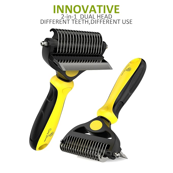 Spring Blossoms-2 in 1 Professional Grooming Rake for Cats &amp; Dogs-Dematting Comb for Easy Mats &amp; Tangles Removing,Pet Brush Safe No More Nasty Shedding and Flying Hair (Lemon Yellow)