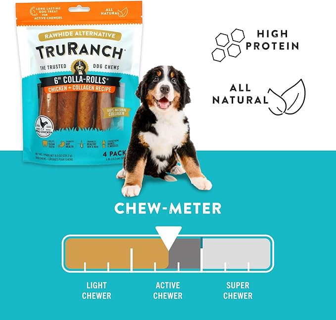 Collagen Rolls - 6" Collagen Rolls for Dogs - Long Lasting Healthy Joint Support - Rawhide Alternative - Skin &amp; Coat Health - Made with Real Chicken, Value Pack, 15 Bags, 60 Count