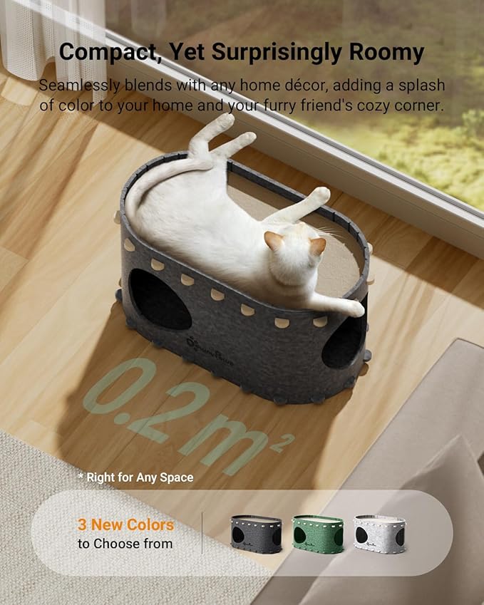 DownyPaws Cat House for Indoor Cats, Cat Bed Cave for Multiple &amp; Large Cats Up to 22 Lbs, Scratch Resistant Peekaboo Cat Caves, Foldable Tunnel Enclosed Bed, PeekaPurr, Sesame Gray