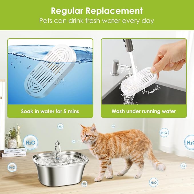 Cat Water Fountain Filters, 9 Pack Replacement Filters &amp; Replacement Pre-Filter Sponges for Stainless Steel Pet Fountain with Water Level Window, Fountain Carbon Filters for Dog Water Dispenser Bowl