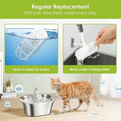 Cat Water Fountain Filters, 9 Pack Replacement Filters &amp; Replacement Pre-Filter Sponges for Stainless Steel Pet Fountain with Water Level Window, Fountain Carbon Filters for Dog Water Dispenser Bowl