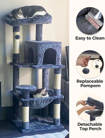 Cat Tree for Large Cats with Metal Plush Big Hammock, 56.3" Cat Tower for Indoor Cats with 2 Door Condo House, 6-Tier Cat Shelves with Scratching Posts and Large Top Perch, Dark Gray