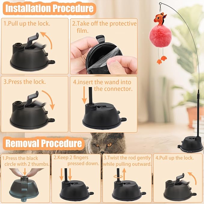 4-in-1 Interactive Cat Toys Set with Suction Cup Wand, Hanging Cat Toys, Fishing Pole Cat Wand &amp; Kitten Balls- Includes Variety Replaceable Worms, Feathers for Indoor Bored Cats for Exercise