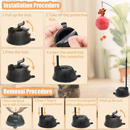 4-in-1 Interactive Cat Toys Set with Suction Cup Wand, Hanging Cat Toys, Fishing Pole Cat Wand &amp; Kitten Balls- Includes Variety Replaceable Worms, Feathers for Indoor Bored Cats for Exercise