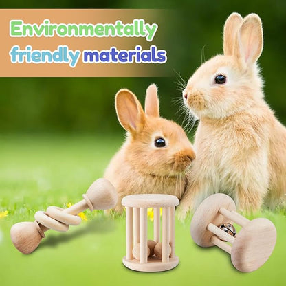 3 Pcs Wooden Bunny Toys - Safe Rabbit &amp; Guinea Pigs Teeth Grinding Toys for Chinchillas, Hamsters &amp; Small Animals - Indoor &amp; Outdoor